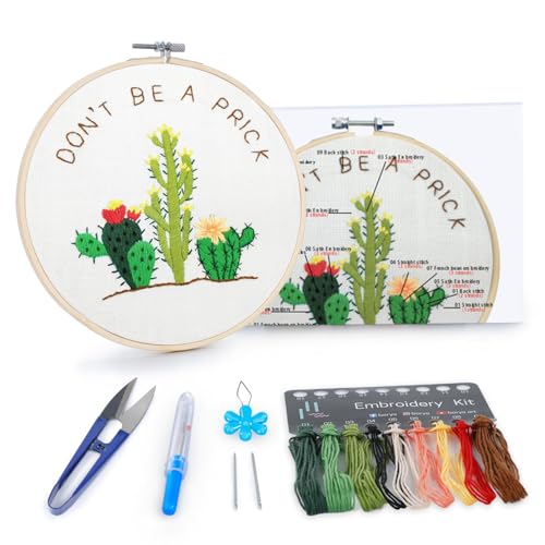 BERYA Cactus Embroidery Kit Including Video Step by Step Instructions Embroidery Hoop,Color Threads and Embroidery Scissors for Beginners-Handmade Needlepoint Kits for Adults - color: cactus green