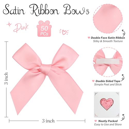 Pre-Tied Self Adhesive Pink Satin Ribbon Bows for Crafts 3" - color: Pink