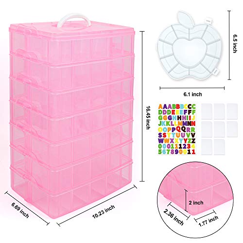 Inscraft 7 Tier Craft Storage Boxes with Compartments, 70 Adjustable Plastic Organiser Storage Boxes for Crafts, Beads, Screw, Washi Tap, Stackable Storage Sorting Box for Toys, Crafts, Art Supplies - color: PINK
