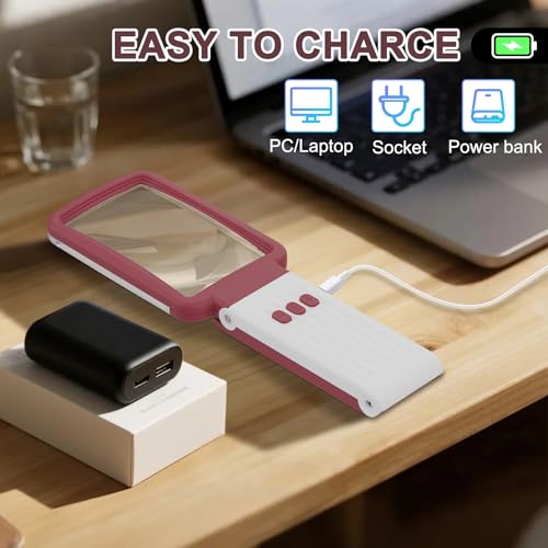 15X Magnifying Glass with Light and Stand, Real Glass Lens, Rechargeable Foldable Handheld Magnifier, 3 Color Modes Dimmable Lighted Page Magnifier for Reading Fine Prints, Seniors - Red White - color: Red White