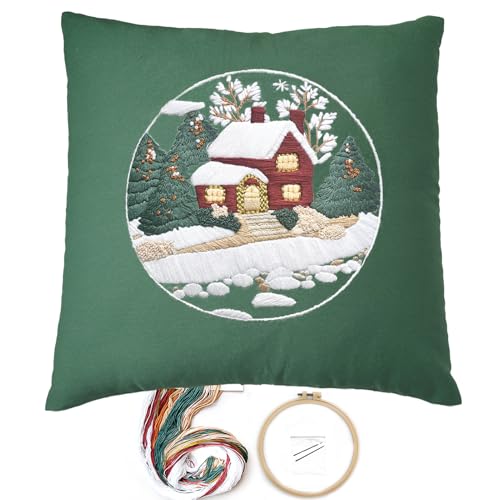 FONNUY Christmas Embroidery Kit for Beginners, Throw Pillow Case Cross Stitch Set Winter Snow House Holly Tree Pattern for Adults, Hand Works Crafts Throw Pillow Cover, 18 x 18'' (Green) - color: Green