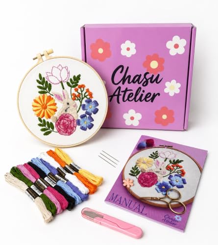 Embroidery Kit for Beginners Adults & Teens - Complete Starter Set with Rabbit & Flower Patterns, Practice Samples, Embroidery Hoop, Threads & Needles - DIY Hand Embroidery Craft Gift