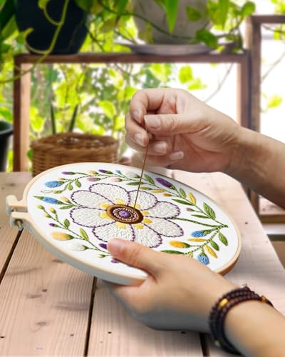 TINDTOP Embroidery Kit for Adult, 3 Pack Embroidery DIY Starter Kit, with Stamped Patterns, Hoop, Tools, Colorful Threads with Needles, Instructions (Flower Cup) - color: Flower Cup