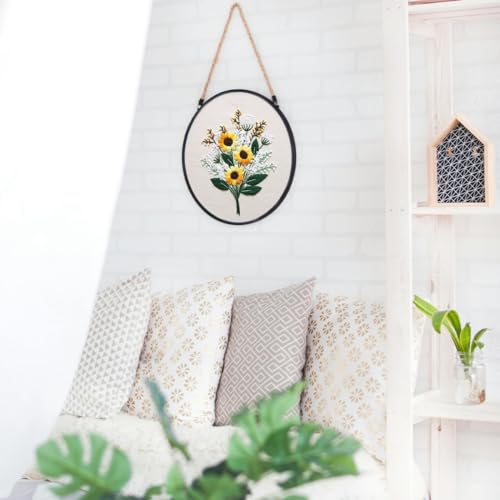 FONNUY Embroidery Kit for Beginners，Plants Flowers Pre-Stamped Pattern Kits for Adults with Hoop, Easy to Follow Needlework (Sunflower) - color: Sunflower