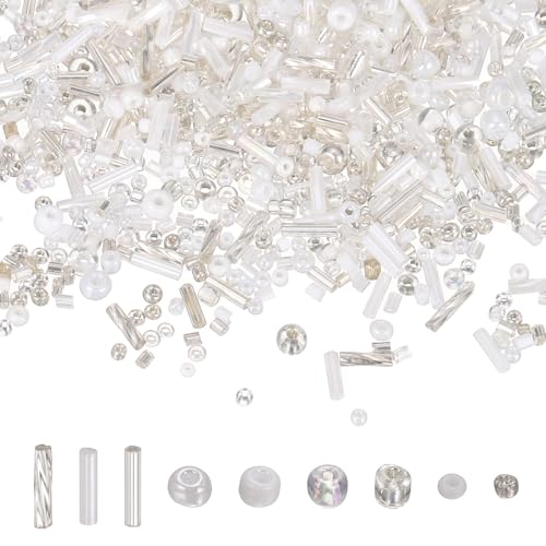 MECCANIXITY 5000 Pcs Mixed Glass Seed Beads, 1.5-6mm Mini Loose Glass Bugle Spacer Bead Embroidery Beads for DIY Craft Projects Earrings Necklaces Bracelets Jewelry Making, Silver-White - color: Silver-White
