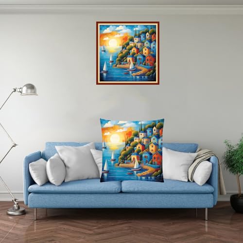Fanxvivy Stamped Cross Stitch Kits for Adults Beginners Pillow Needlepoint Kit with Embroidery Pattern Needlework Kit Prestamped Stitches Kit 11CT Cross Stitching-Seaside Scenery 18x18 inch - color: Pre-pattern 20