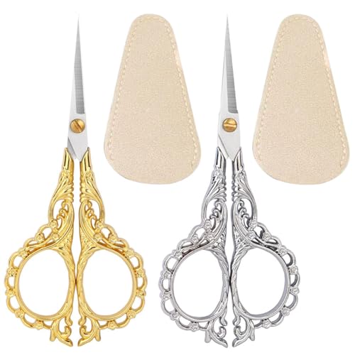 Jasni Pretty Embroidery Scissors 5 Inch Small Sewing Crafting Stainless Steel Vintage peach blossom handle for DIY tools Craft Tailor Threading Shears 2 Packs with cover(Gold and Silver) - color: Gold and Silver