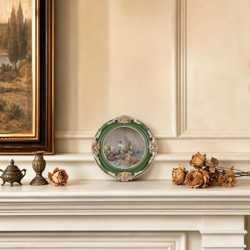 Vintage Picture Frames 3x3 Ornate Green and Gold Antique Pictue Frames with Real Glass Cover for Wall & Tabletop Display Victorian Home Decor Gallery Wall Decor,Round - color: Green, size: 3X3