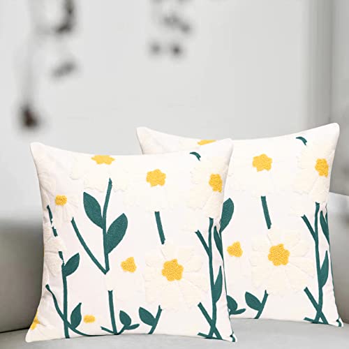 Set of 2 Embroidered Decorative Throw Pillow Covers Couch Square Pillowcases Cushion for Bedroom Sofa Farmhouse Decor 18x18 Inch (Spring Flower) - color: Spring Flower