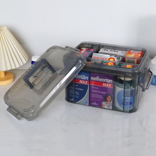 2-Tier Medicine Organizer - Plastic Portable Storage Box with Handle Grey - color: Grey