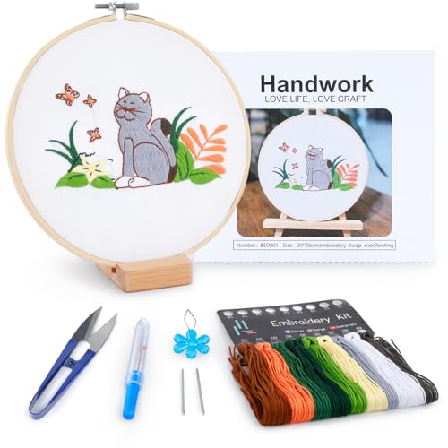 Embroidery Kit for Adult Beginners, Cat Embroidery Kit with Step-by-Step Instructions and Video, Printed Cloth, 7.87" Hoop, Display Stand, Color Threads, Threader & Needles for Craft Lover(BED001) - color: Gray and white cat