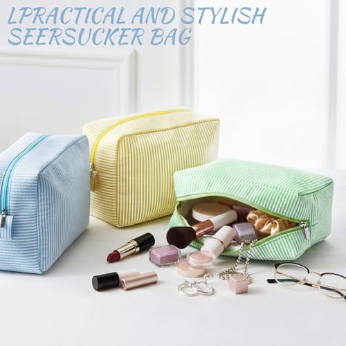 Sanwuta 3 Pcs Seersucker Makeup Bags, Yellow, Green, Lake Blue - color: Yellow, Green, Lake Blue