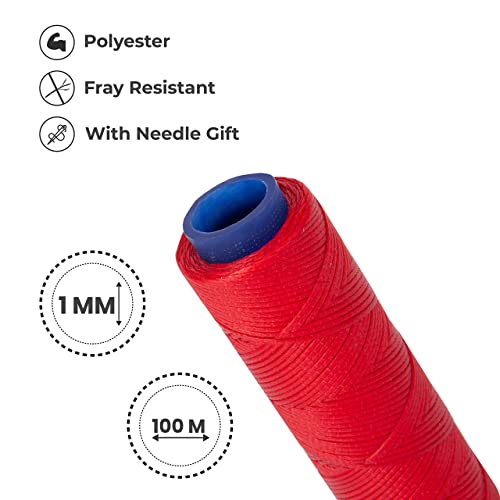 Waxed Thread, Strong Thread for Leather, Upholstery, Shoe, Bag, incl. Needle (Colour: RED) - color: Red