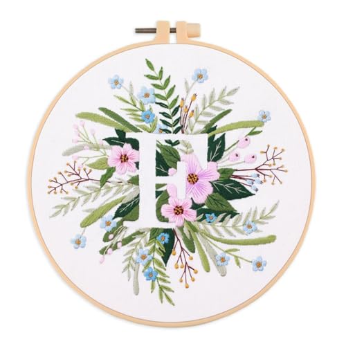 IUHUI Embroidery Kit for Beginners Adults - 26 Floral Letters Easy Patterns, DIY Hand Stitching Embroidery Set with Hoop (Flower and Grass Letter F) - color: Flower and Grass Letter F