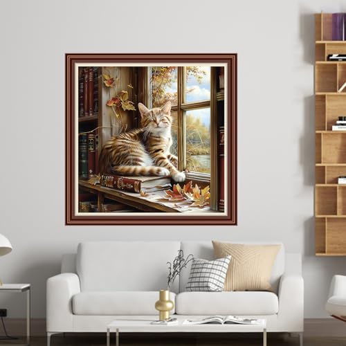 Dimensean Counted Cross Stitch Kit for Beginners, 11CT Unprinted Cross-Stitch Kit Easy Patterns Needlepoint Kit Cross Stitching Embroidery Kit Supplies-Cat Watching Scenery by the Window 18x18 inch - color: DIYColor21