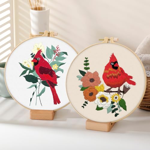 ERKOON 4 Sets Embroidery Kit, Animal Cross Stitch Set for Include Embroidery Cloth Hoops Threads for Craft Lover Hand Stitch (Cardinal) - color: Cardinal