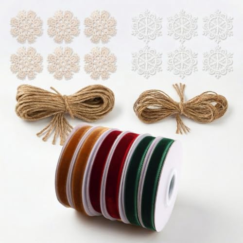 IDONGCAI Velvet Ribbon, Jute Twine & Lace Snowflake Craft Kit - color: Mix colors