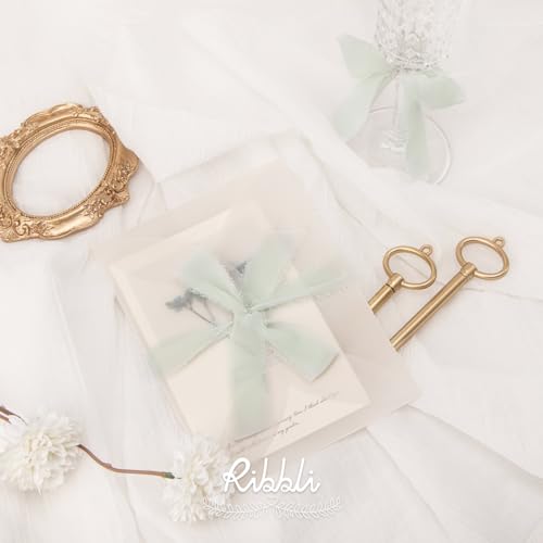 Ribbli Creamy Sage Ribbon 1 Inch x 3 Rolls Total 24 Yards Light Green Handmade Fringe Chiffon Silk Ribbon for Wrapping Wedding Invitations Bridal Bouquets DIY Crafts Home Decor - color: Creamy Sage
