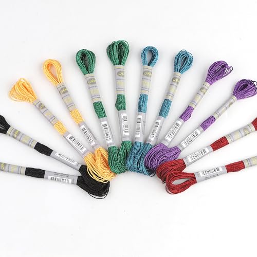 24 Skeins Set (6 Colors*4 Skeins) Metallic Embroidery Floss Glittery Metal Effect Shinny Cross Stitch Thread for Hand Embroidery, Sewing and DIY Handmade Artwork (Multicolored) - color: multicolored