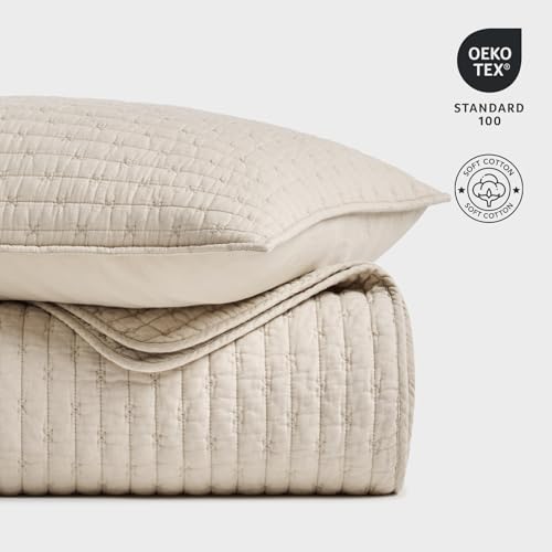 EVERGRACE 100% Cotton Cross Stitch 3-Piece Quilt Set, Queen, Flax Beige - color: Flax Beige, size: Full/Queen (92" X 96")
