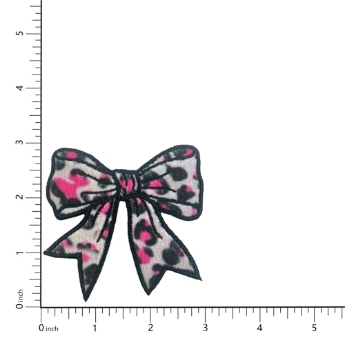 Pink Leopard Print Bow Patch, 3” x 3", 2-Pack, Embroidered Iron-On for Hats, Bags, Jackets - color: Leopard Print Bow - Pink