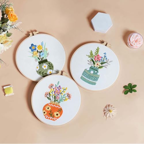 GLTAYLMY 3 Pack Embroidery Starter Kit with Pattern, Stamped Cross Stitch Kits for Beginners Adults with Embroidery Hoop and Instructions, Hand Embroidery Kit - color: Floral123