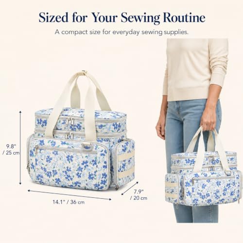 Lyhaxon Sewing Organizer Storage Bag, Double Layer Sewing Box Case - color: Blue Floral