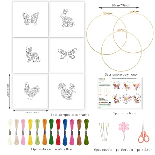INFUNLY 6 Pack Animal Flowers Embroidery Starter Kit for Beginners Butterfly Cat DIY Embroidery Kits for Adults Rooster Squirrel Stamped Needlepoint Set with Step-by-Step Instruction Craft Lover Gift - style: Animal Flowers