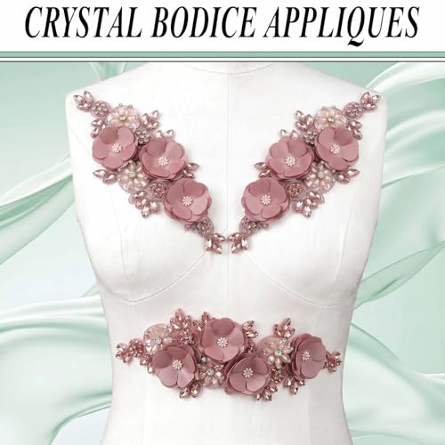 Handmade 3D Flower Embroidery Applique Rhinestone Lace Patches, Dusty Pink - color: Dusty Pink
