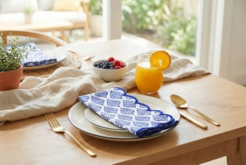 PurpleEssences Scalloped Cloth Napkins 18x18 in - Floral Paisley Edges Blue - color: Floral Paisley Edges - Blue