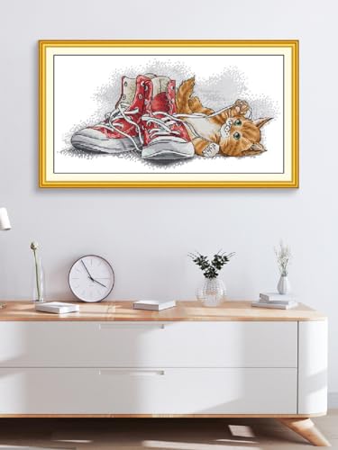 Aiorkeng Cross Stitch Kits Stamped Full Range of Embroidery Starter Kits for Adults Beginners DIY 11CT 3 Strands -Printed kit Yellow Cat Playing with Shoelaces(Printed) 20.1×10.6 inches - color: Yellow cat playing with shoelaces51×27CM