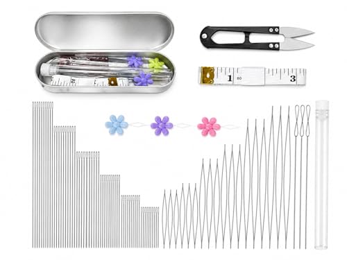 88 Pcs Beading Needles Set, 6 Sizes Big Eye Beading Needles for Seed Beads, Long Straight & Twisted Flexible Seed Bead Needles, Bracelet & Necklace Stringing Kit with Threader. - color: 88 Pcs