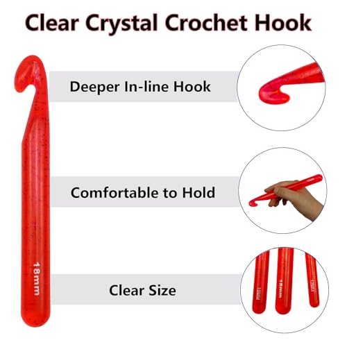 Hobekoee 43 Pcs Large Crochet Hooks Set,12mm 15mm 18mm 20mm 25mm Large Crochet Hooks for Chunky Yarn,Plastic Crystal Smooth Big Crochet Needles for Handmade DIY Crochet with Storage Bag - color: Red
