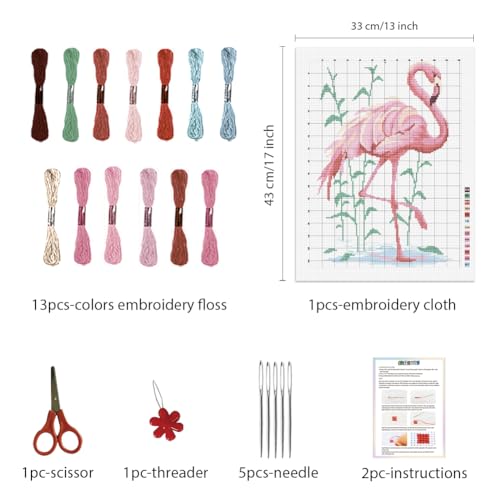 FREEBLOSS Flamingo Cross Stitch Kit Cross Stitch Starter Kit for Adults with Instructions 13 * 17'' Pure Cotton Cloth Cross Stitch for Beginnrs Cross Stitch Wall Hanging No Frame