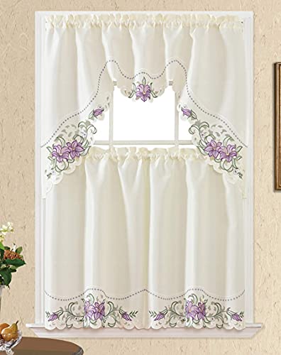 GOHD - Lily Fragrance. 3pcs Multi-Color Embroidery Curtain/Cafe Curtain/Swag & Tiers Set with cutworks. (Purple) - color: Purple