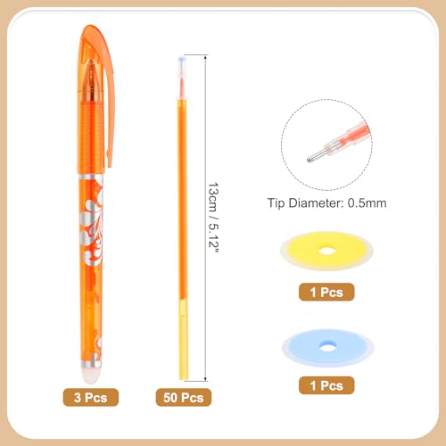 PATIKIL 3Pack Erasable Gel Pens with 50 Refills & 2 Erasers, 0.5mm Heat Erasable Pens for Fabric Orange Ink Fabric Markers for Sewing Quilting Planner Writing - color: Orange