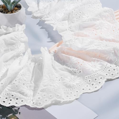 5.5 Yards Flower Pattern Cotton Lace Trim Ribbon Embroidery Wrinkle Ribbon Pleated Wavy Edge Lace Trim for Sewing Dresse Clothes Accessories Home Decor Wedding Crafting White