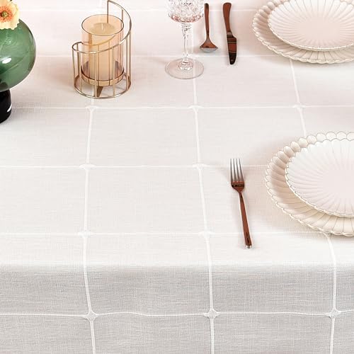 Plaid Farmhouse Tablecloth Checkered Cotton Linen Heavy Weight Table Covers Square 70x70 Inch - color: Off-white, size: 70" x 70" (Square)