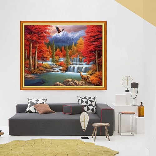 Foxhool Stamped Cross Stitch Kits,11CT Printed Cross Stitch Pattern Full Embroidery Kits for Beginner Needlepoint Kits-Golden Autumn Waterfall 16x20 inch - color: Craftpatterns14