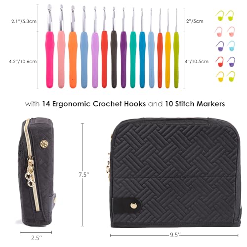 MYBAGZING Ergonomic Crochet Hook Set with Case 14 Sizes 2mm-10mmCrochet Kit - color: Black, size: Case (14 Crochet Hooks)