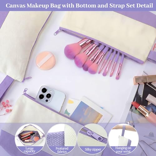 Silkfly 15 Pcs Cotton Canvas Makeup Bags Cosmetic Zipper Bags 10.2 x 5.5 x 2'' Blank DIY Pouch Bulk Pencil Case with Bottom Travel Toiletry Pouch for Women Craft Decor Gift (Beige and Light Purple) - color: Beige and Light Purple