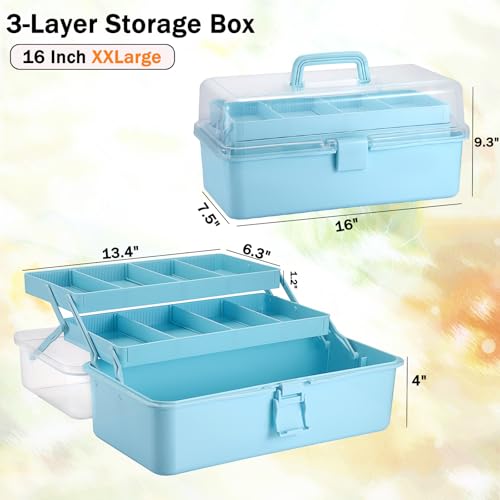 Tackle Box, 16-Inch Extra Large Art Storage Box with 3-Layer Folding Trays - color: Blue