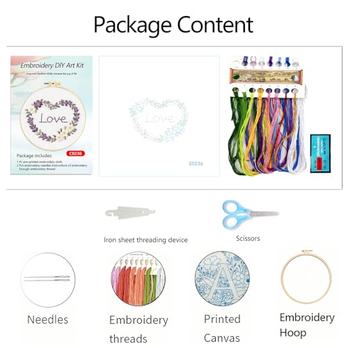 Zhenqing Heart Wreath Embroidery Kit for Beginners, Pre-Printed 29x29cm Cotton Fabric with 20cm Hoop, Love Floral Design for Romantic Gift and Home Decor (C0236)