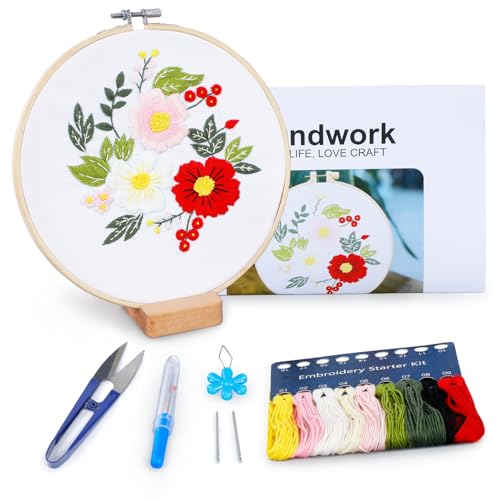 BERYA Embroidery Kit for Beginners, Flowers and Leaves Embroidery Practice Kit, Hand Floral Embroidery Starter Kit for Adults with Video Step by Step Instructions, Hoops, Threads and Needles (BEF011) - color: flower white