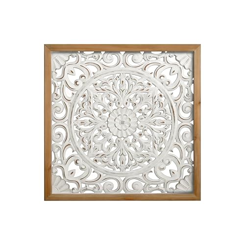XIAOAIKA Boho Carved Wood Wall Art Panel, Floral Mandala, Distressed White - color: White - 4