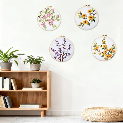 INFUNLY 4 Pack Seasons Flowers Embroidery Starter Kit for Beginners Branches Leaves DIY Embroidery Kits for Adults Stamped Needlepoint Set with Step-by-Step Instructions Threads Craft Lover Gift - style: Seasons