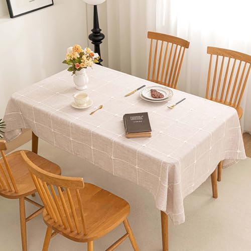 SIELUNO Rectangle Table Cloth Cotton Linen Waterproof Embroidery Tablecloth Rustic Farmhouse Style for Indoor Outdoor Dinning Tabletop Decoration-Plaids Coffee-54 x86 - color: Plaids Coffee, size: 54" x 86" (Rectangular)