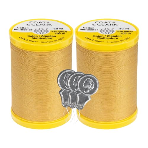 Coats & Clark Cotton All Purpose Sewing Thread 100% Mercerized Cotton 225 Yards Each Spool S970 2 Pack Bundle with 3 Bella's Crafts Needle Threaders (Temple Gold) - color: Temple Gold