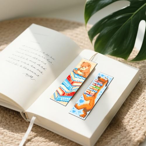 FREEBLOSS 6 Set Cross Stitch Bookmark Kit 11 CT Stamped Cross Stitch Kit DIY Embroidery Bookmark Kits for Adult Beginners with Instructions, Animal Books, 6 x 20 cm/8" x 2.4" - style: Animal&Books