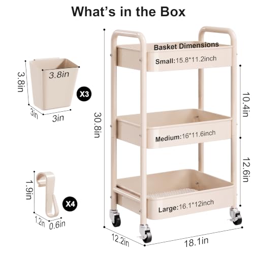 Beige 3 Tier Rolling Storage Cart Metal on Wheels, Cream Diaper Caddy Carts - color: Gentle‌ Beige, size: 3 Tier + Cups + Hooks